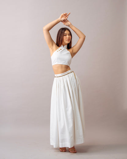 Hush Escape Set – White Halter Neck Top & Maxi Skirt Cotton Co-ord Set for Women