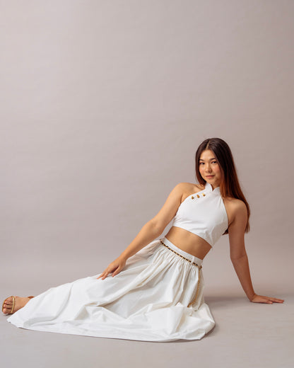 Hush Escape Set – White Halter Neck Top & Maxi Skirt Cotton Co-ord Set for Women
