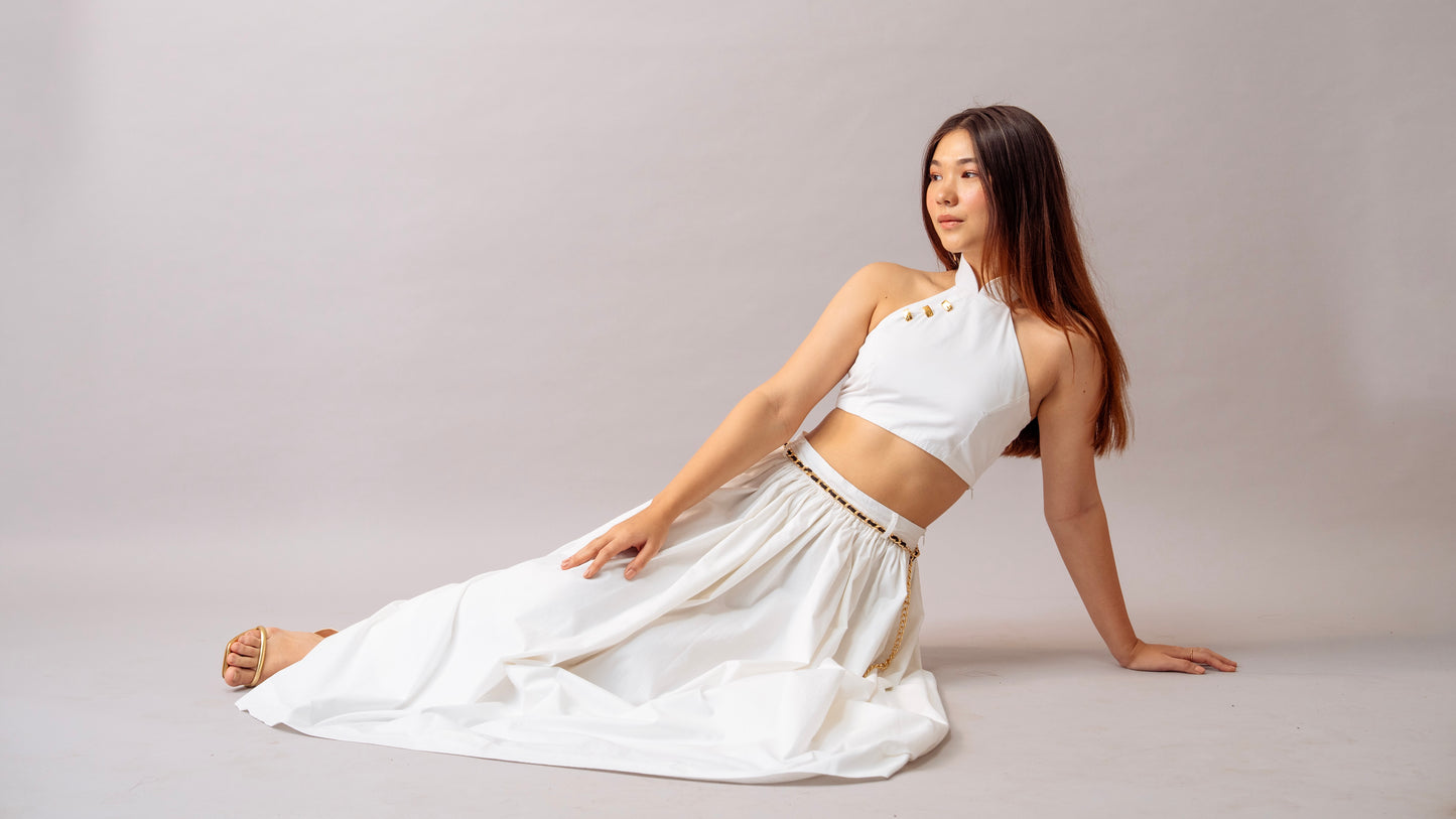 Hush Escape Set – White Halter Neck Top & Maxi Skirt Cotton Co-ord Set for Women