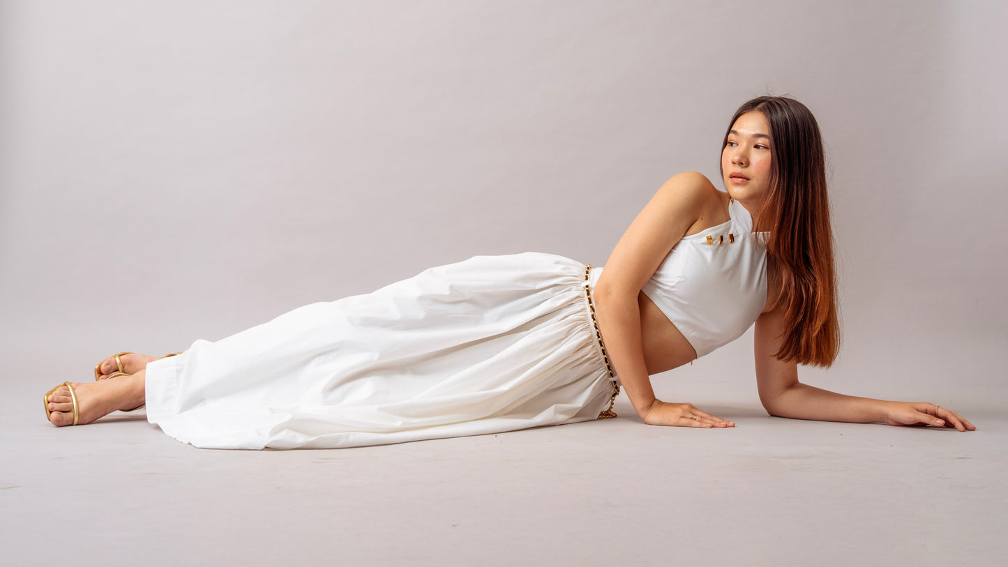 Hush Escape Set – White Halter Neck Top & Maxi Skirt Cotton Co-ord Set for Women