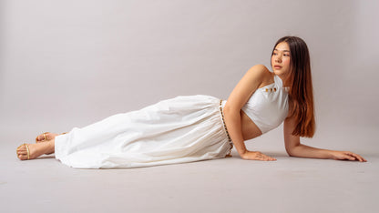 Hush Escape Set – White Halter Neck Top & Maxi Skirt Cotton Co-ord Set for Women
