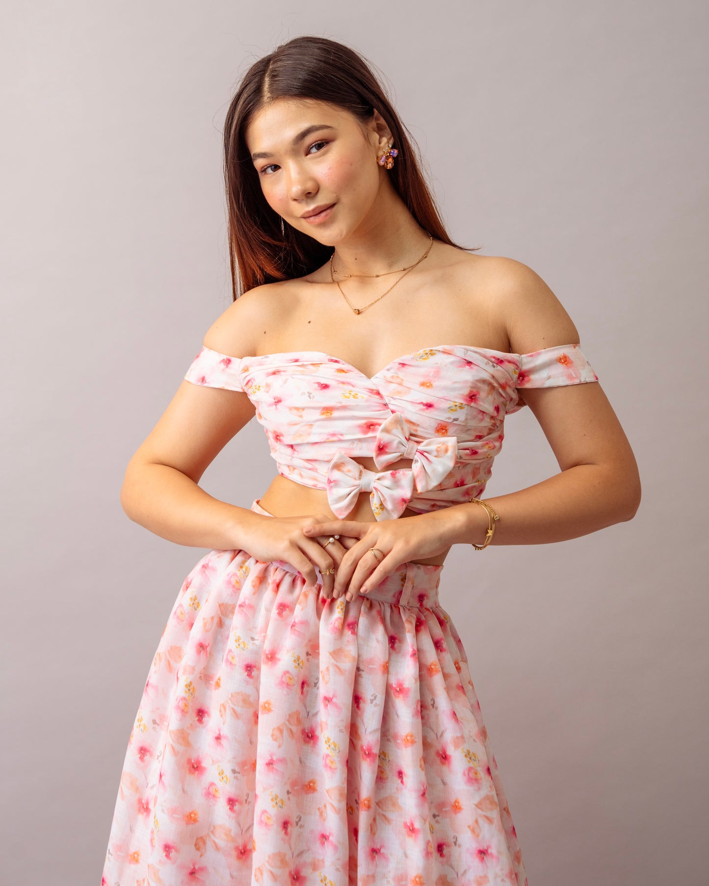 Pink Bloom Top – Printed Off-Shoulder Floral Crop Top for Women