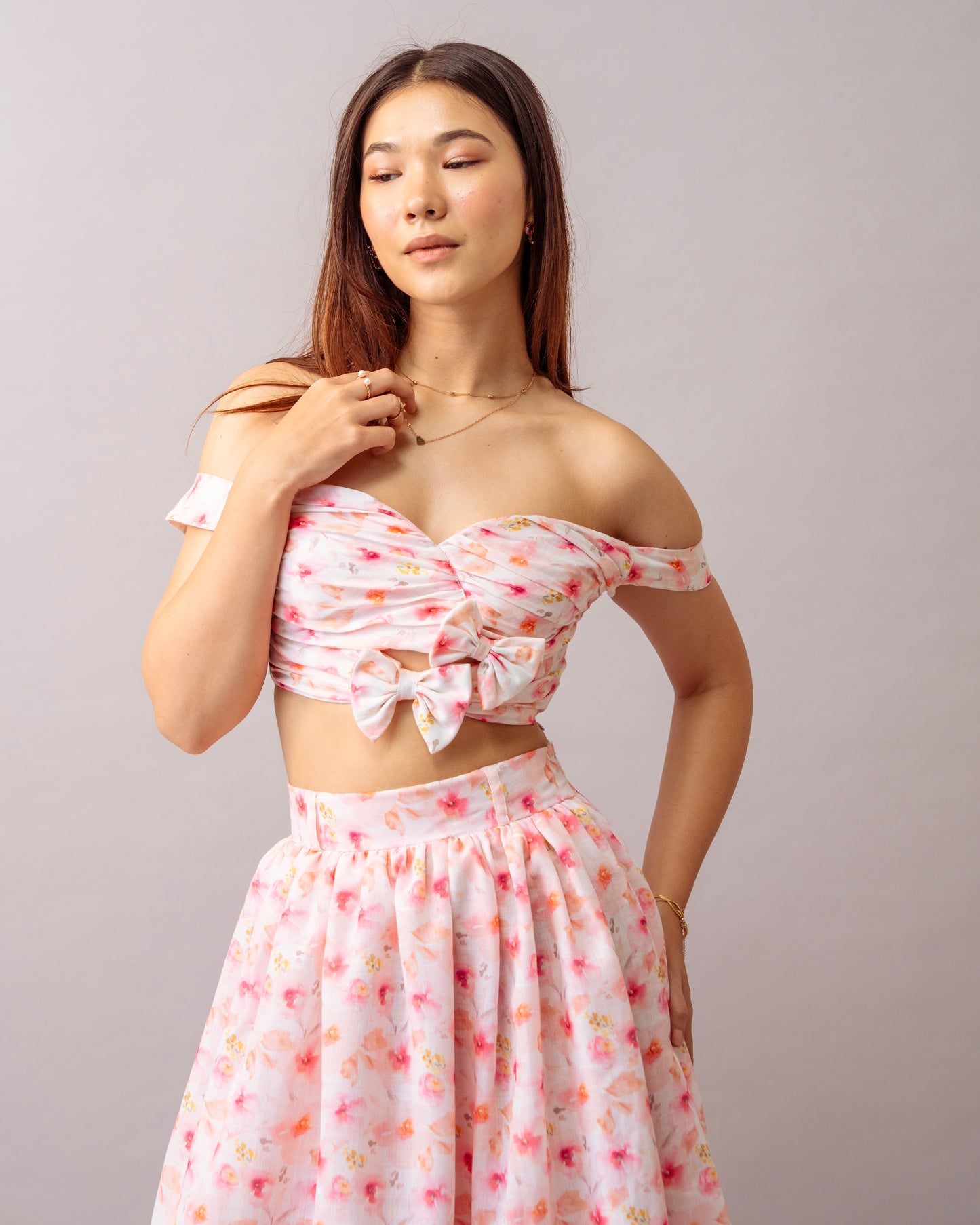 Pink Bloom Top – Printed Off-Shoulder Floral Crop Top for Women