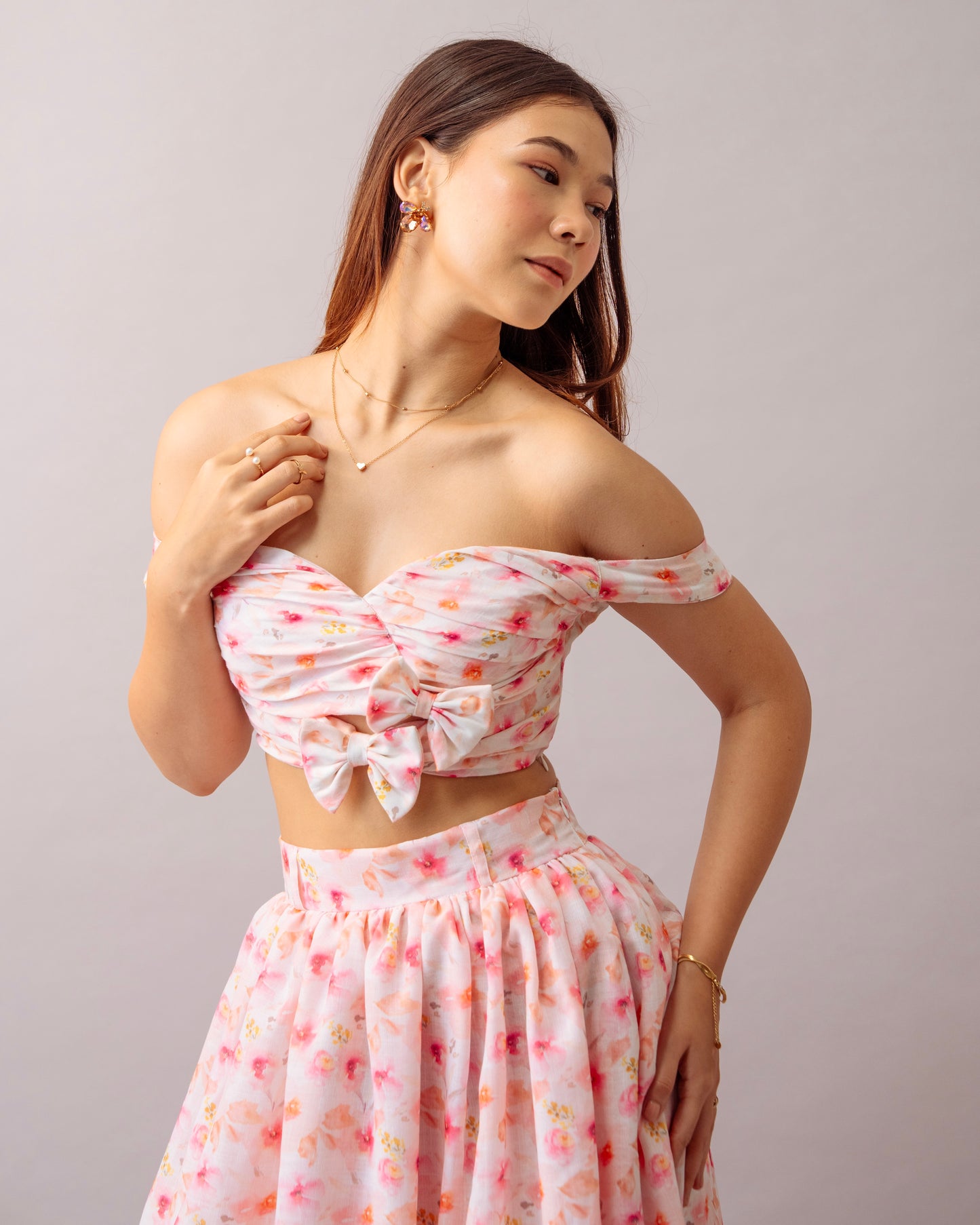 Pink Bloom Top – Printed Off-Shoulder Floral Crop Top for Women