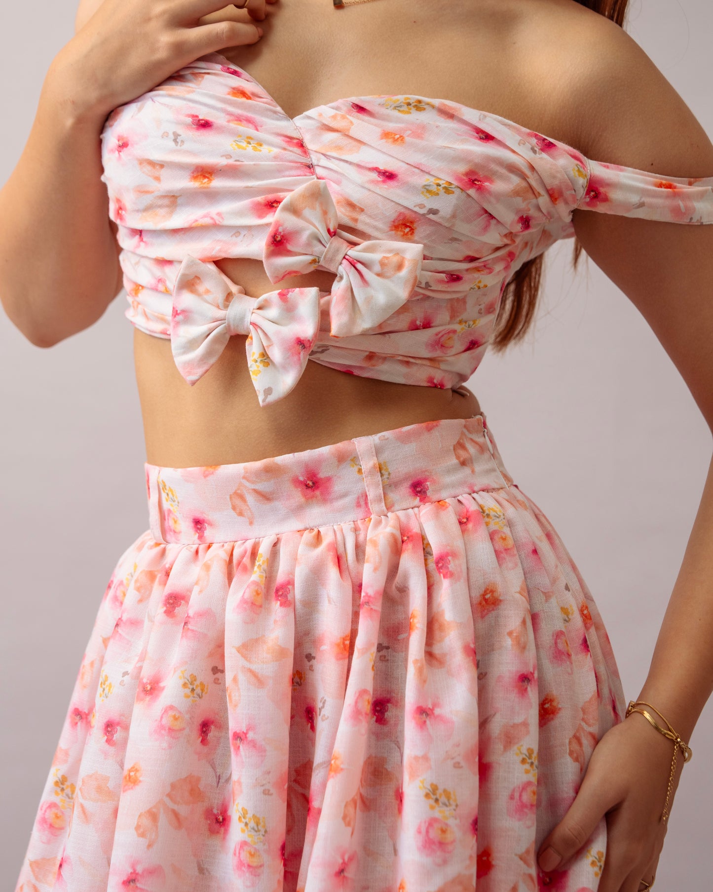Pink Bloom Top – Printed Off-Shoulder Floral Crop Top for Women