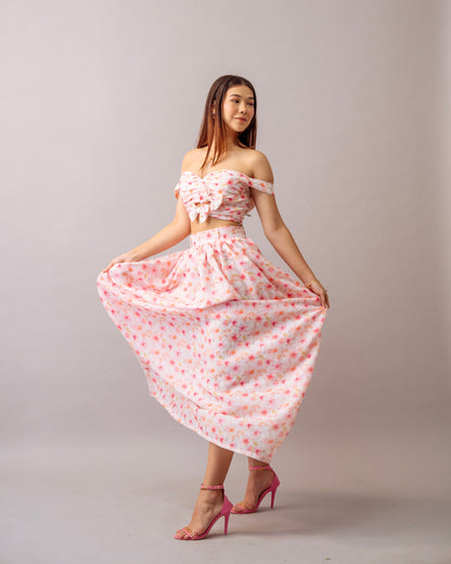 Pink Bloom Top – Printed Off-Shoulder Floral Crop Top for Women