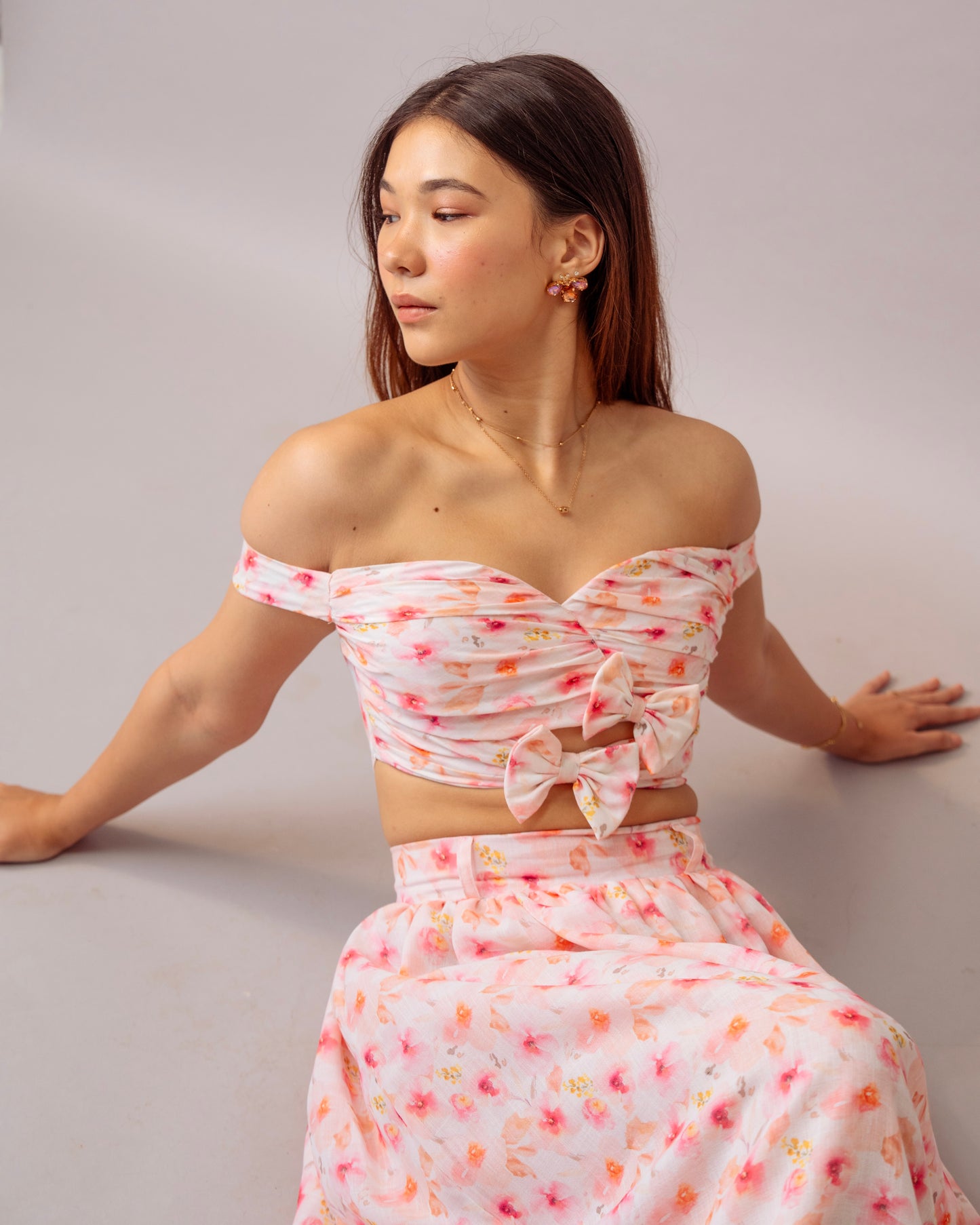 Pink Bloom Top – Printed Off-Shoulder Floral Crop Top for Women