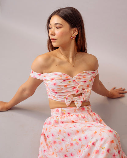 Pink Bloom Top – Printed Off-Shoulder Floral Crop Top for Women