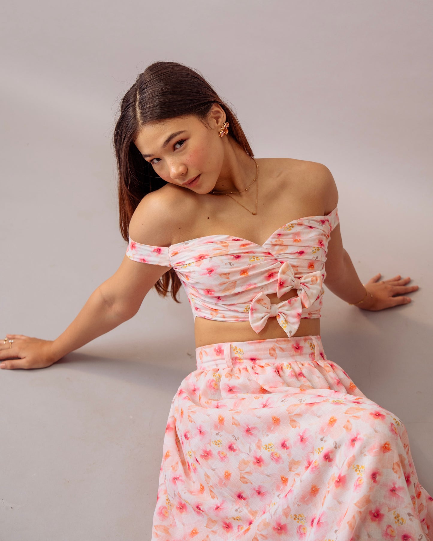 Pink Bloom Top – Printed Off-Shoulder Floral Crop Top for Women