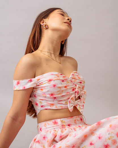 Pink Bloom Top – Printed Off-Shoulder Floral Crop Top for Women