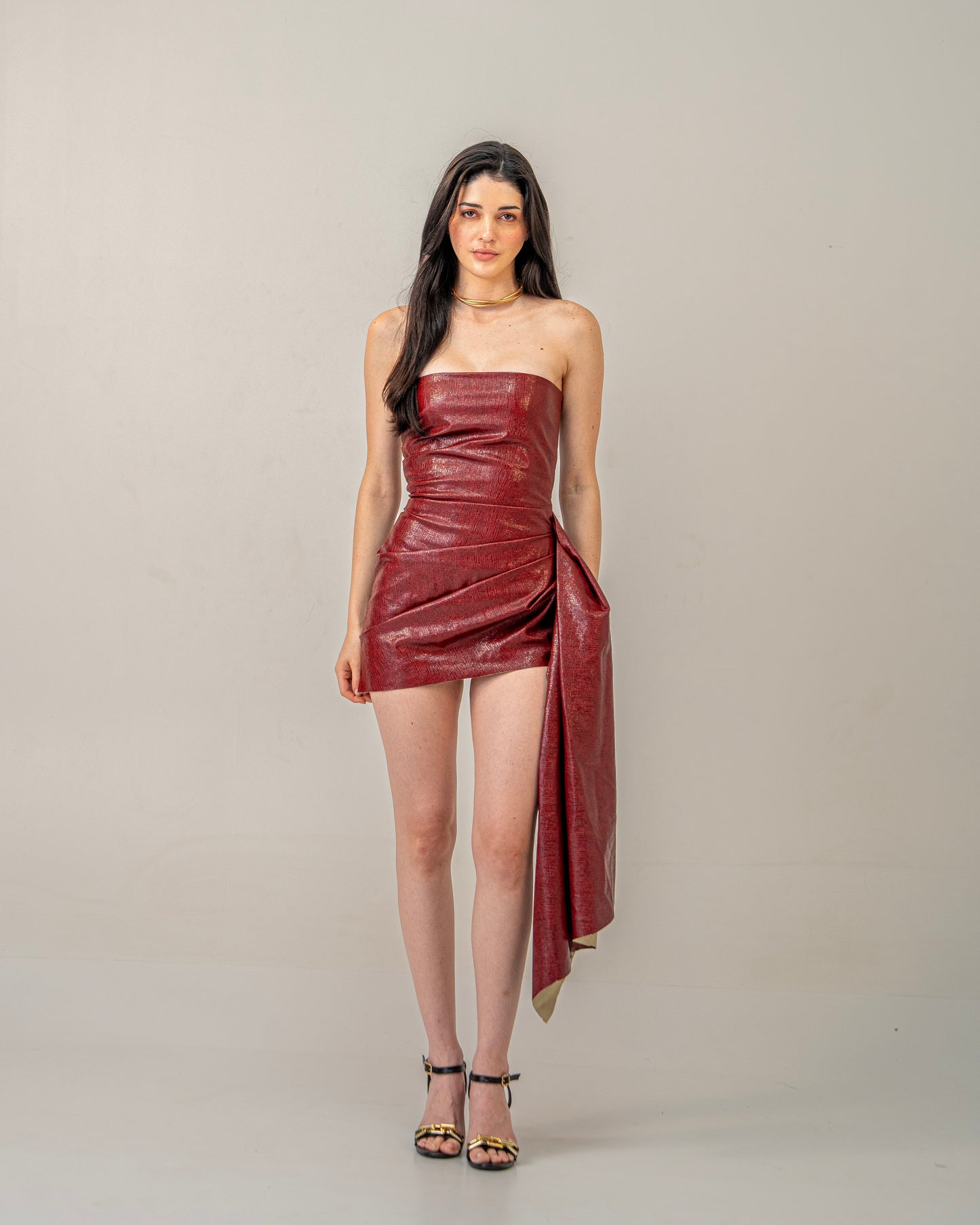 Molten Maroon Velvet – Textured Maroon Leather Strapless Asymmetric Dress for Women