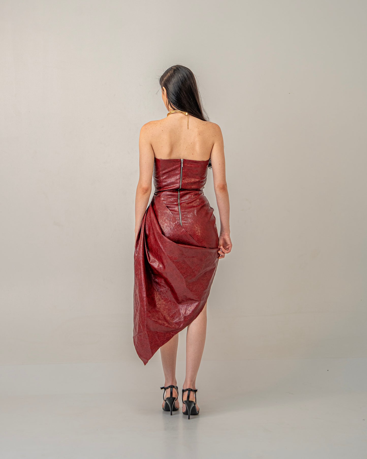 Molten Maroon Velvet – Textured Maroon Leather Strapless Asymmetric Dress for Women