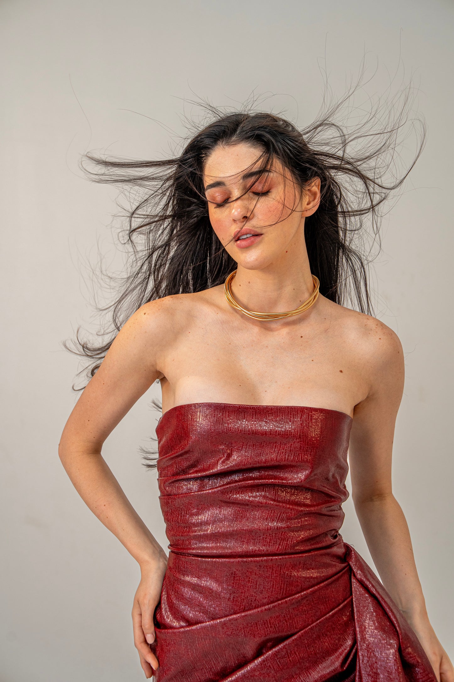 Molten Maroon Velvet – Textured Maroon Leather Strapless Asymmetric Dress for Women