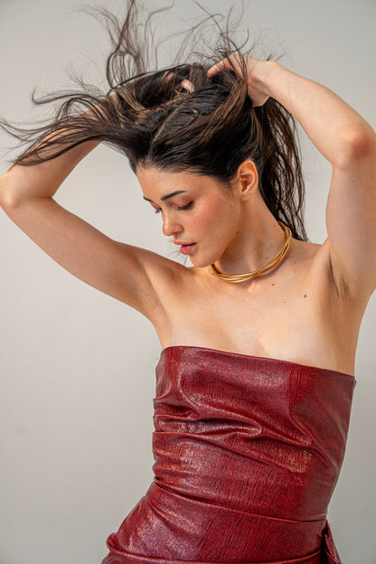 Molten Maroon Velvet – Textured Maroon Leather Strapless Asymmetric Dress for Women