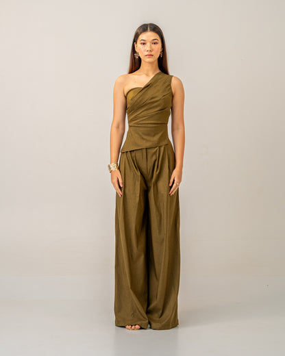 Olive Clay Trousers - Olive brown Medium waist Wide-Leg Trousers for Women