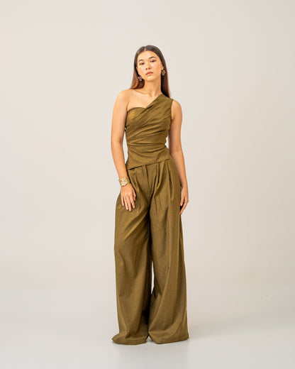 Olive Clay Top -  Draped One-Shoulder Top for Women