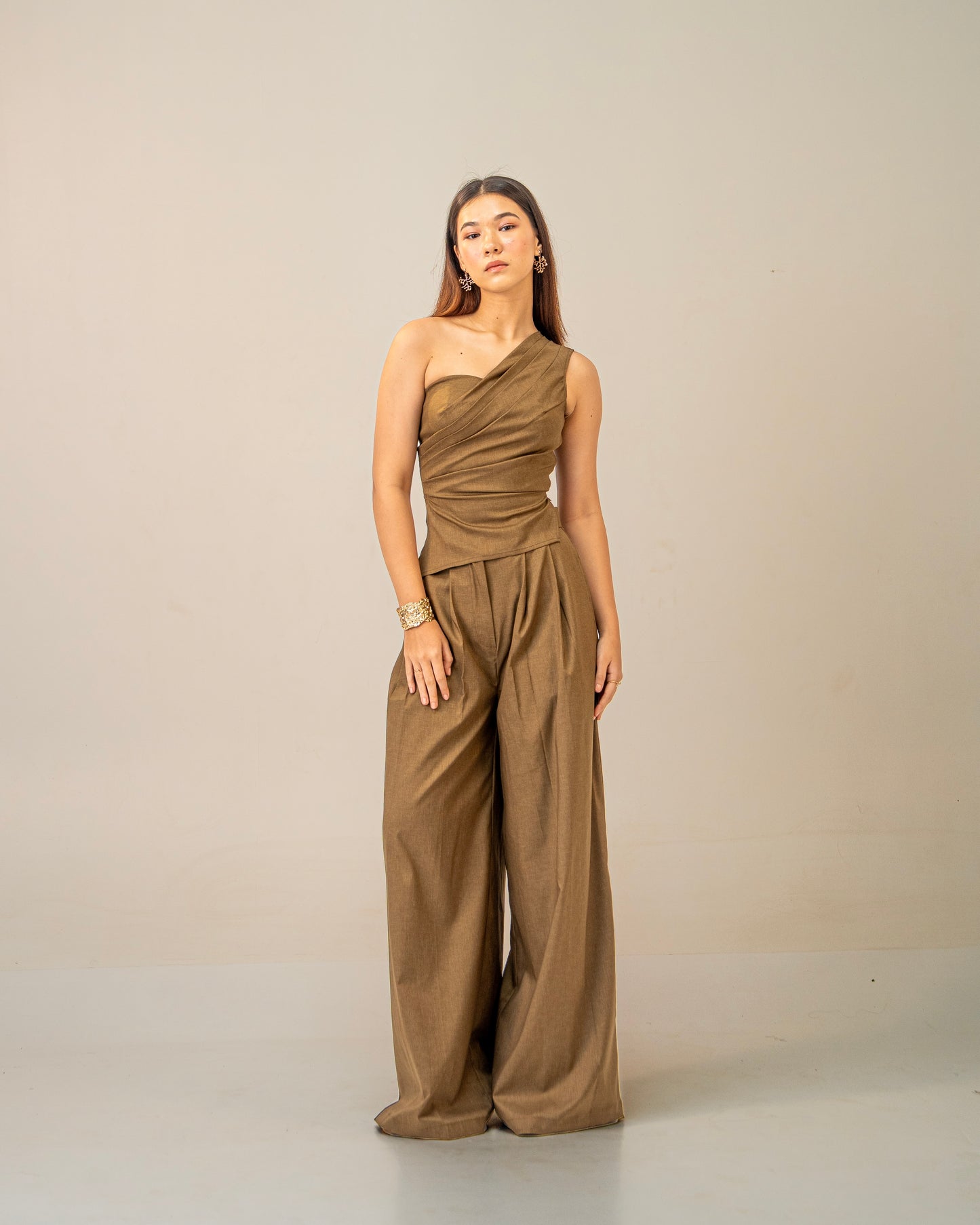 Olive Clay Top -  Draped One-Shoulder Top for Women