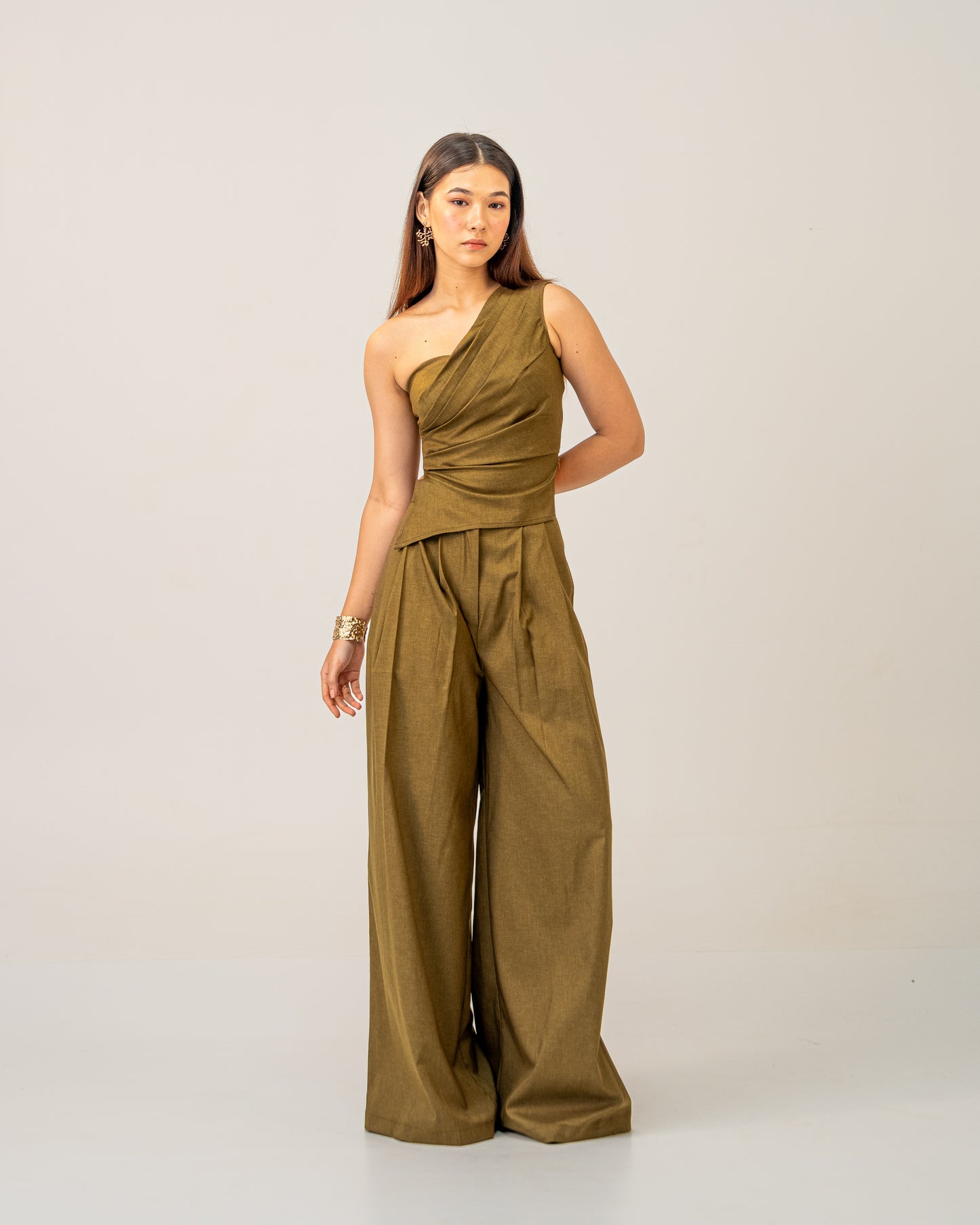 Olive Clay Top -  Draped One-Shoulder Top for Women