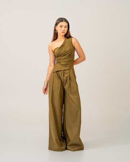 Olive Clay Top -  Draped One-Shoulder Top for Women