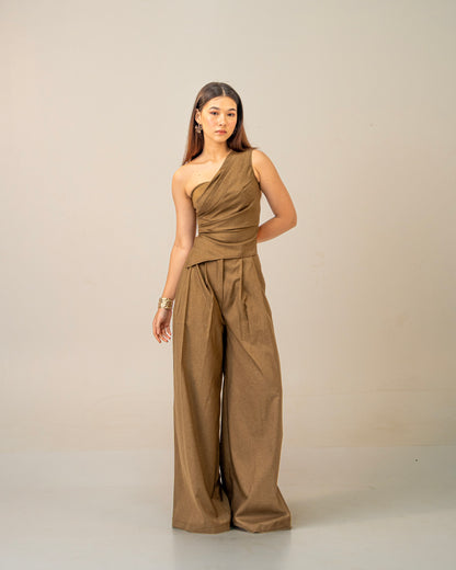 Olive Clay Top -  Draped One-Shoulder Top for Women