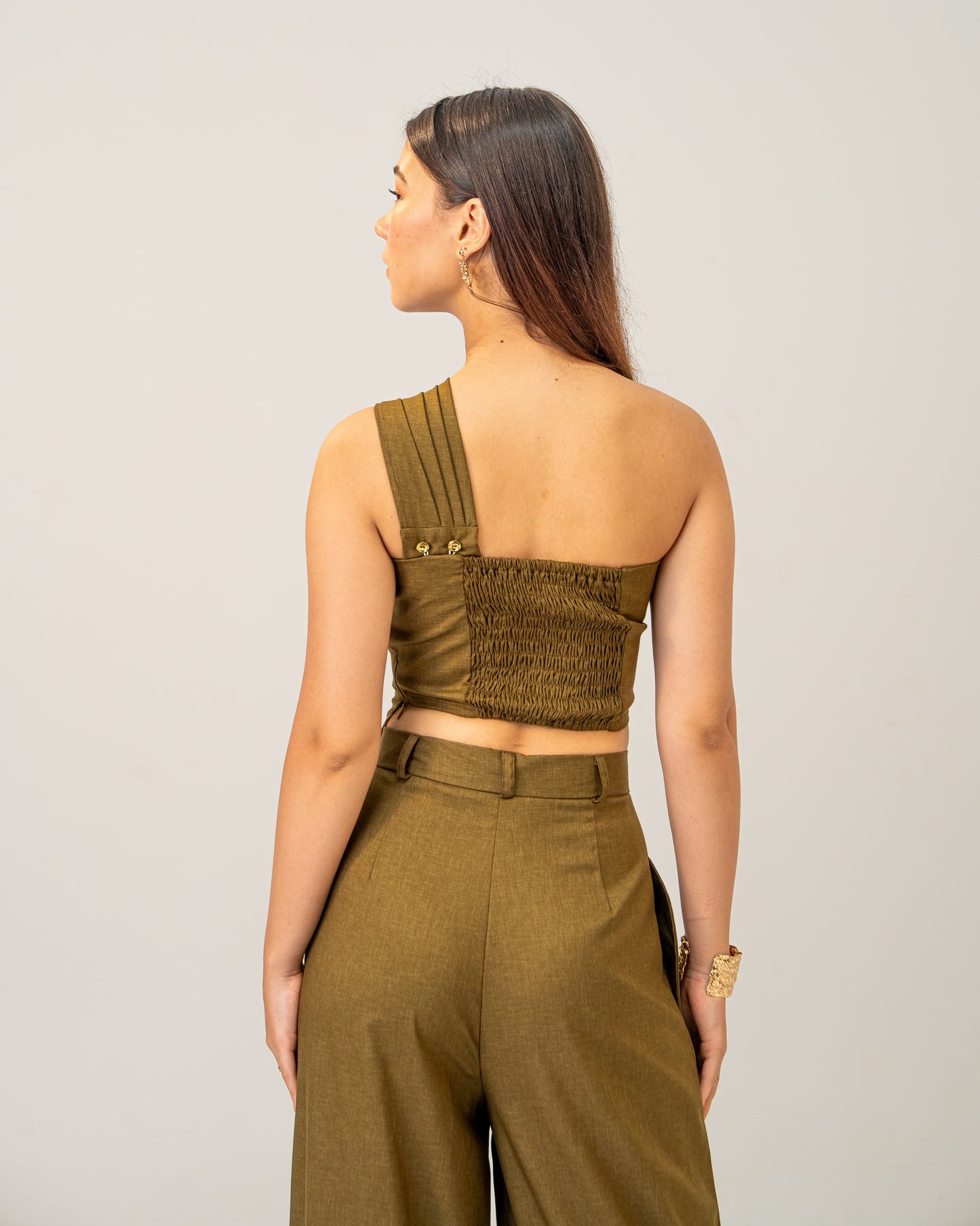 Olive Clay Set – One-Shoulder Draped Top & Wide Leg Trousers Co-ord Set for Women