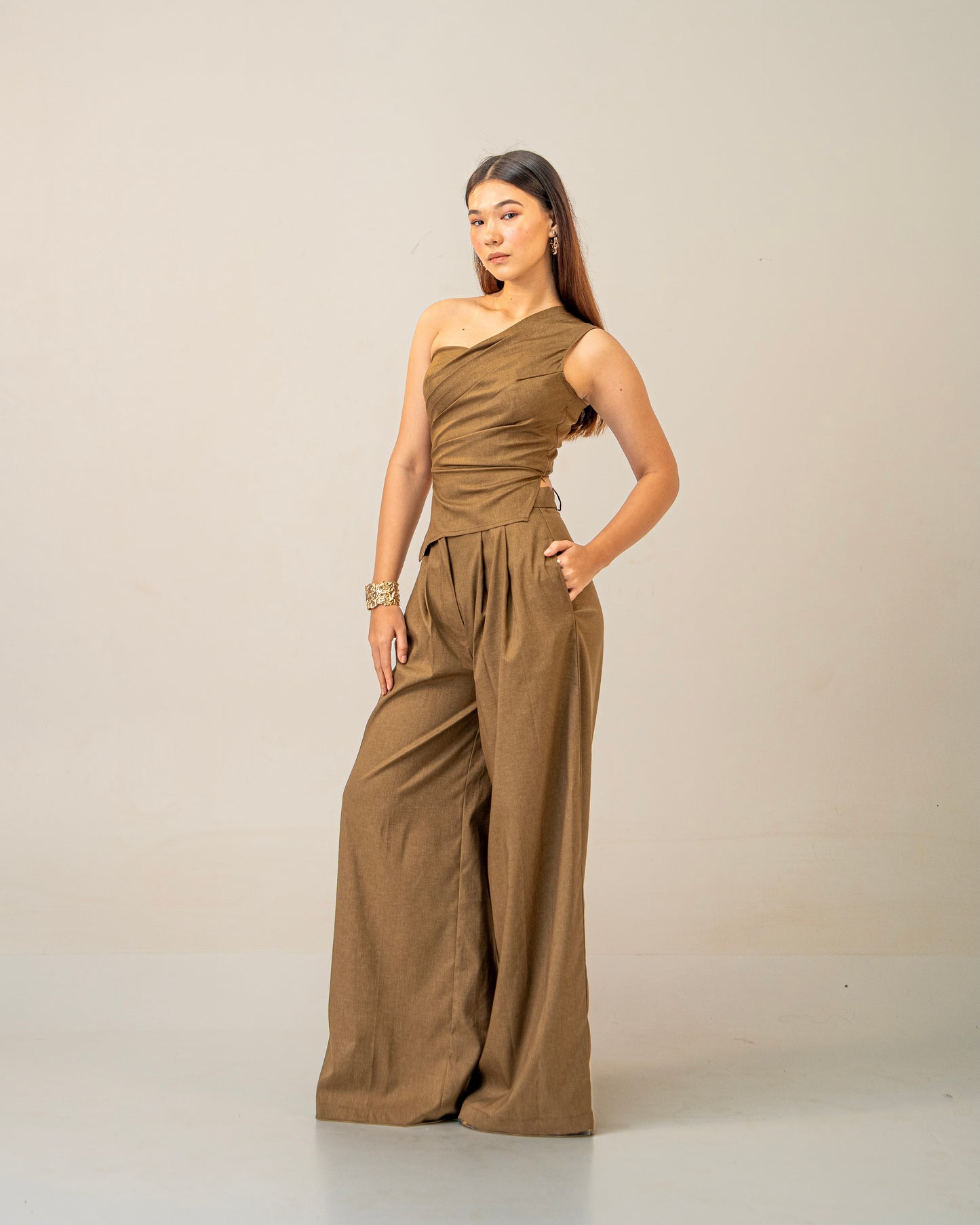 Olive Clay Top -  Draped One-Shoulder Top for Women