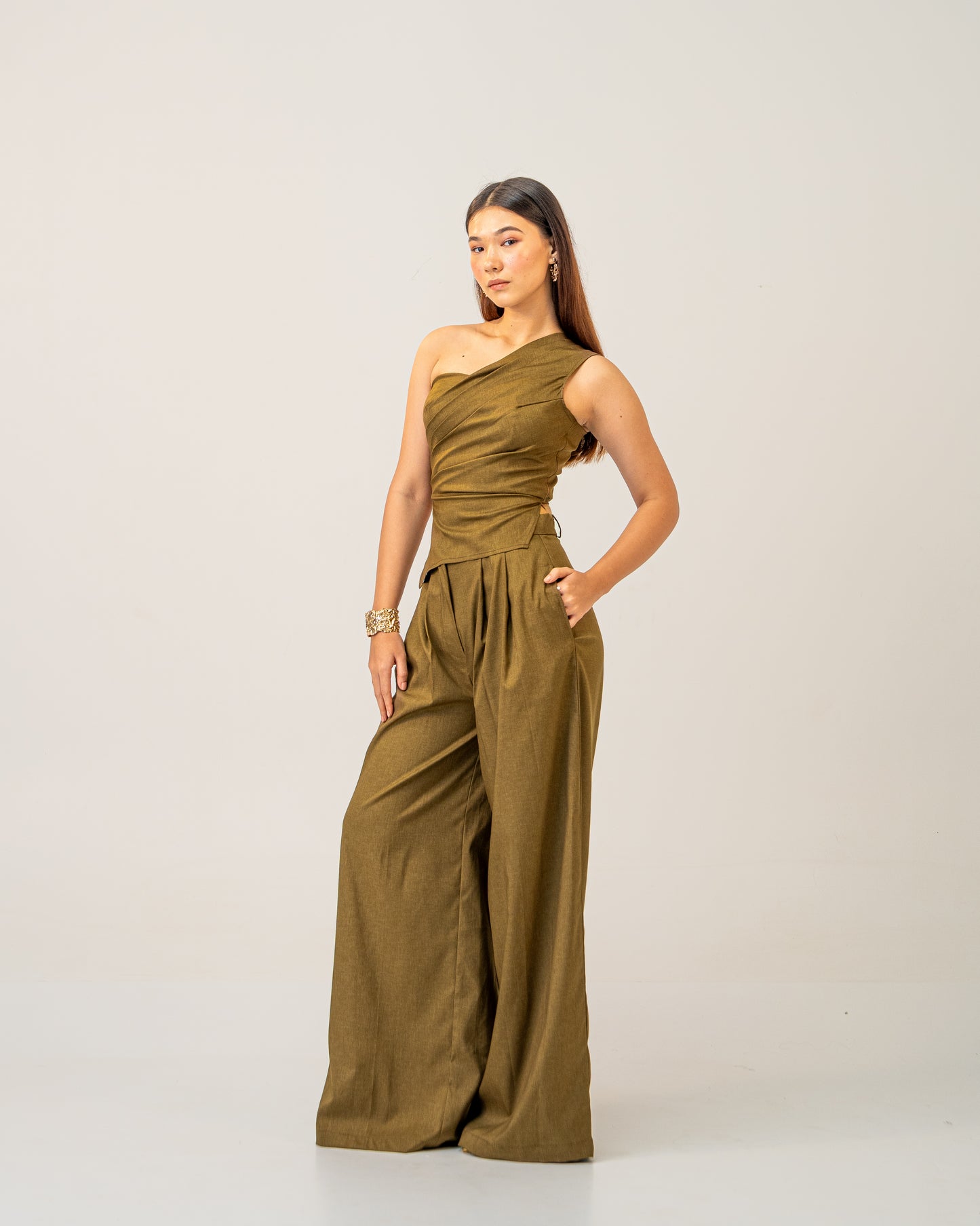 Olive Clay Top -  Draped One-Shoulder Top for Women