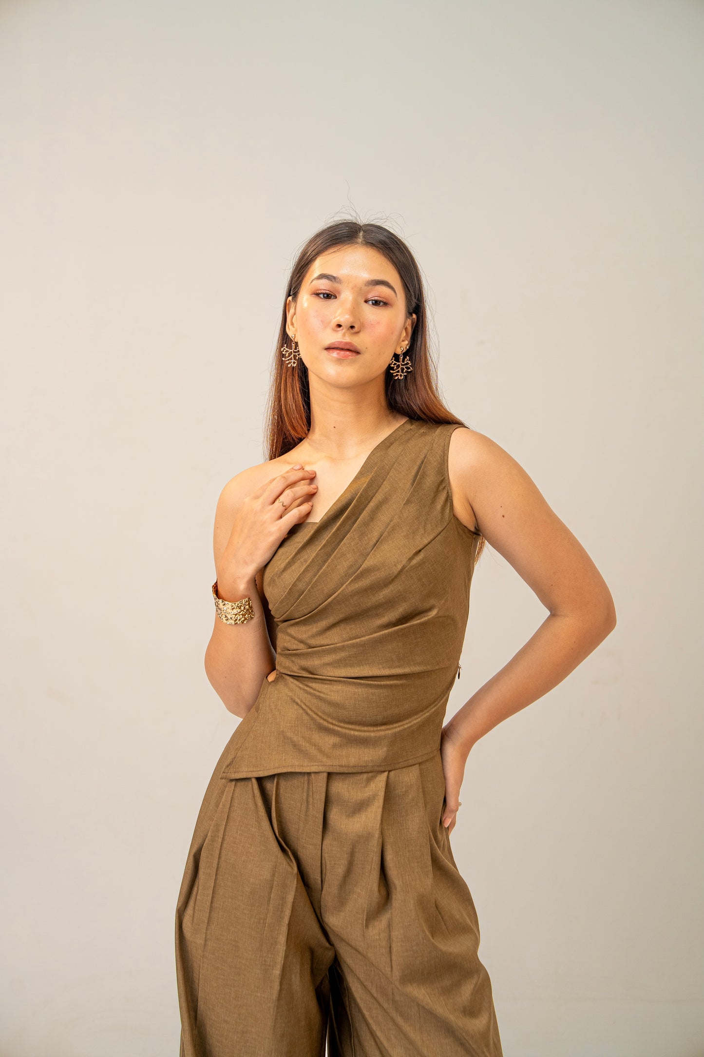 Olive Clay Top -  Draped One-Shoulder Top for Women