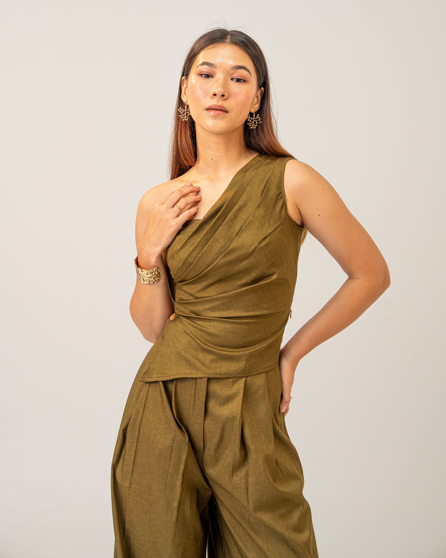 Olive Clay Trousers - Olive brown Medium waist Wide-Leg Trousers for Women