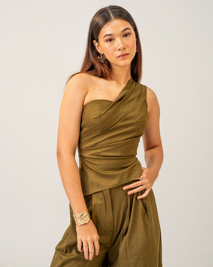 Olive Clay Top -  Draped One-Shoulder Top for Women