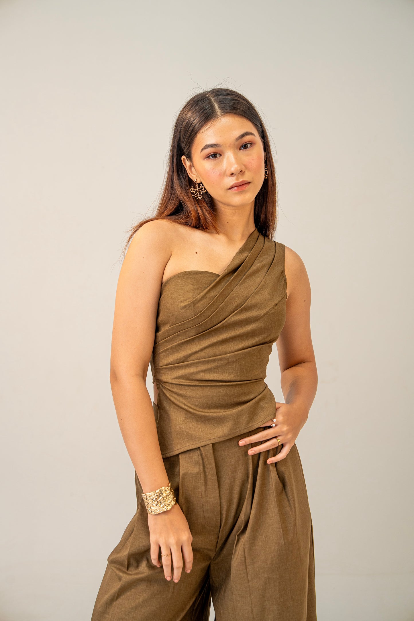 Olive Clay Top -  Draped One-Shoulder Top for Women