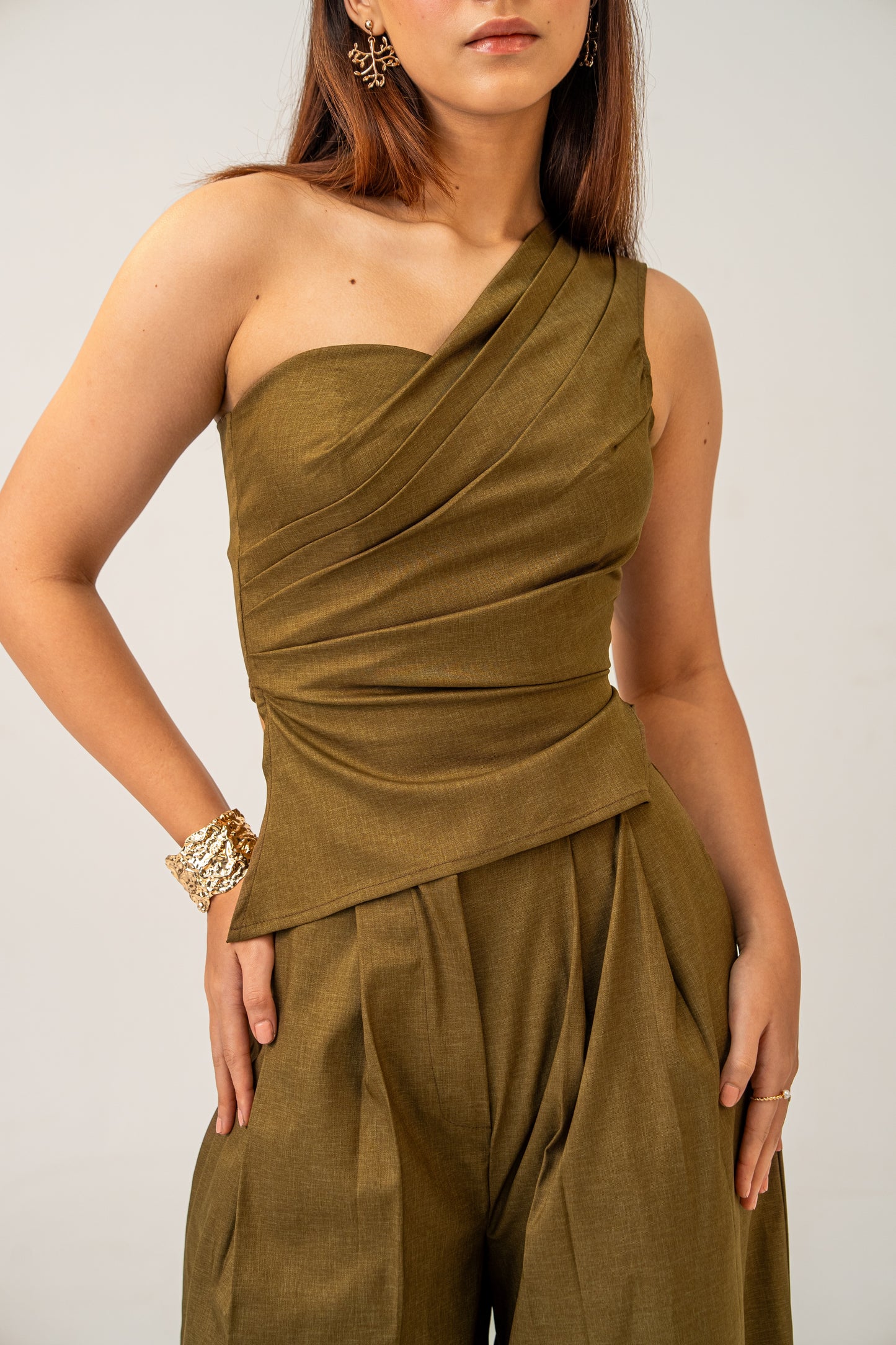 Olive Clay Top -  Draped One-Shoulder Top for Women