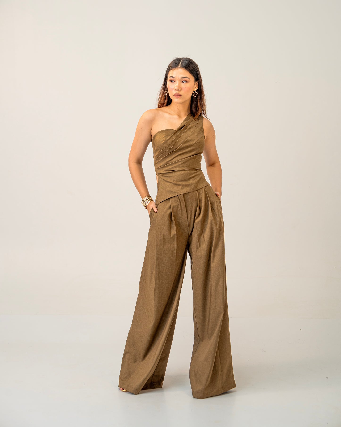 Olive Clay Top -  Draped One-Shoulder Top for Women