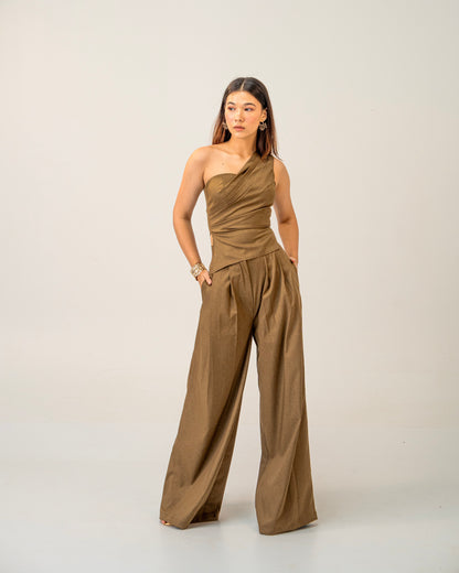 Olive Clay Top -  Draped One-Shoulder Top for Women
