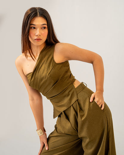 Olive Clay Set – One-Shoulder Draped Top & Wide Leg Trousers Co-ord Set for Women