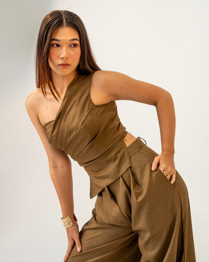 Olive Clay Top -  Draped One-Shoulder Top for Women