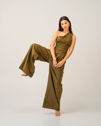 Olive Clay Top -  Draped One-Shoulder Top for Women