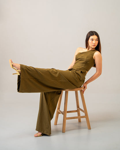 Olive Clay Set – One-Shoulder Draped Top & Wide Leg Trousers Co-ord Set for Women