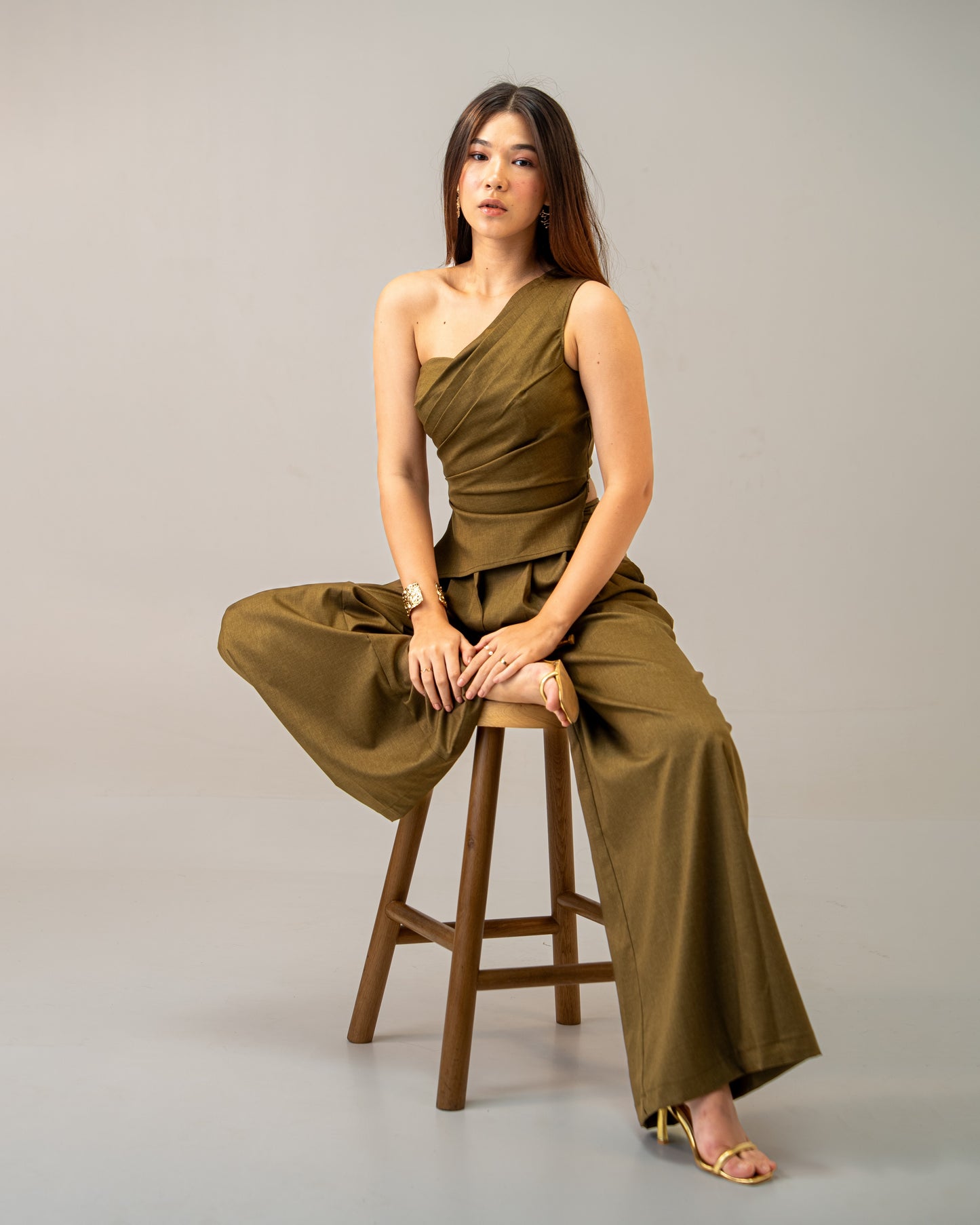 Olive Clay Trousers - Olive brown Medium waist Wide-Leg Trousers for Women