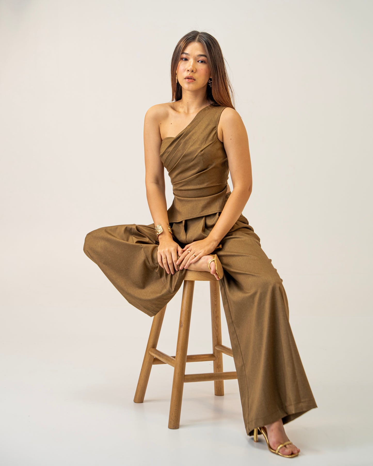 Olive Clay Top -  Draped One-Shoulder Top for Women