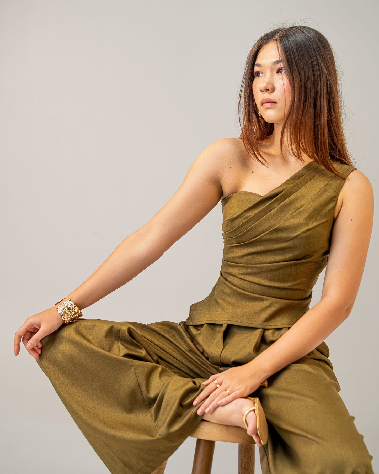 Olive Clay Trousers - Olive brown Medium waist Wide-Leg Trousers for Women