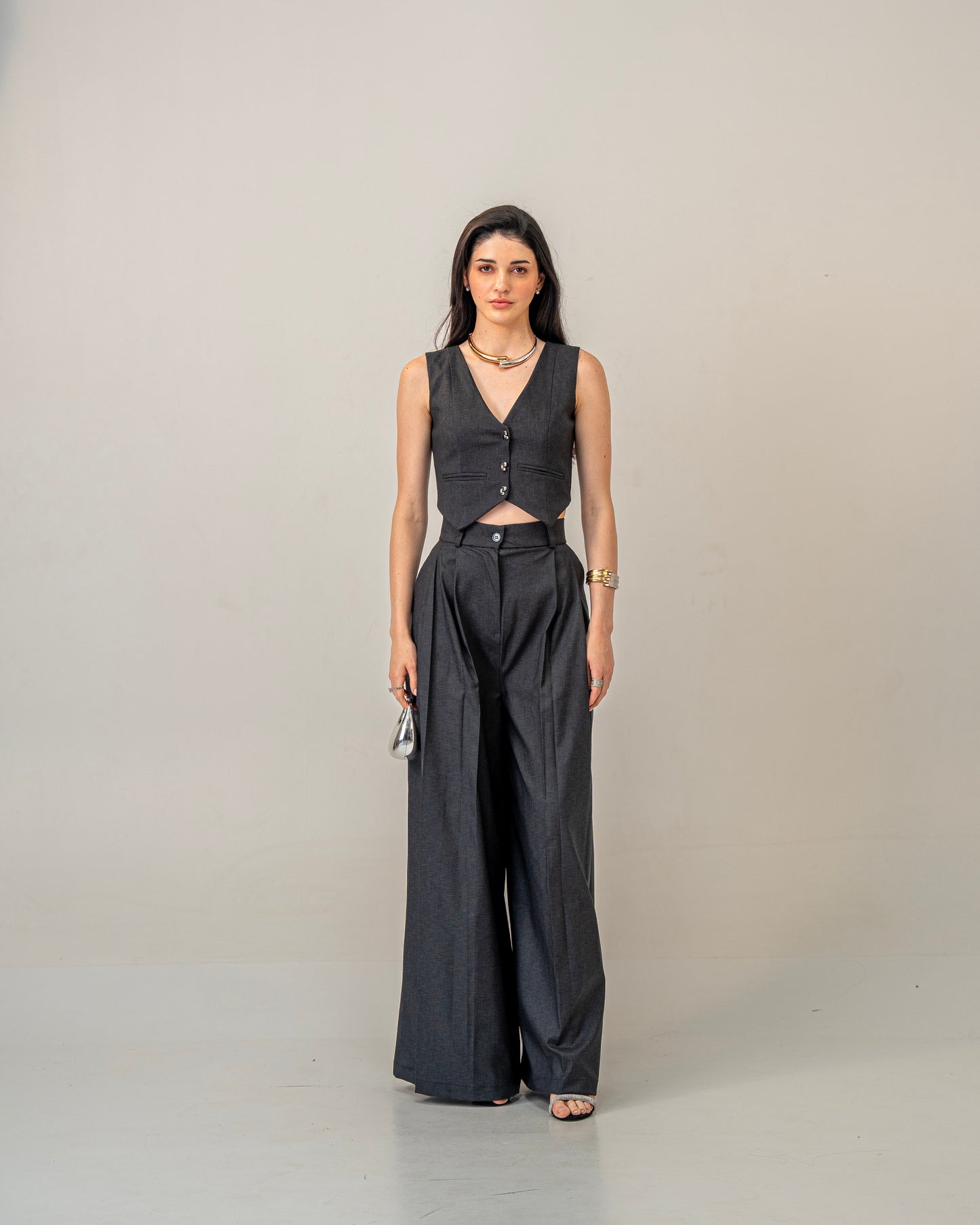 Charcoal Edit Grey Wide-Leg pleated Trousers for Women