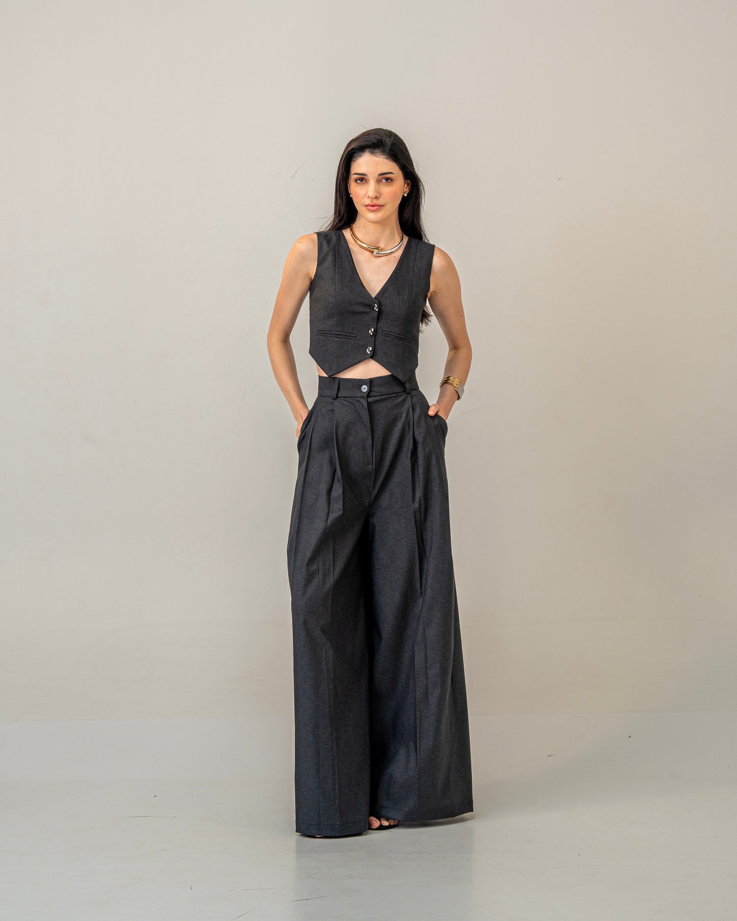 Charcoal Edit Grey Wide-Leg pleated Trousers for Women