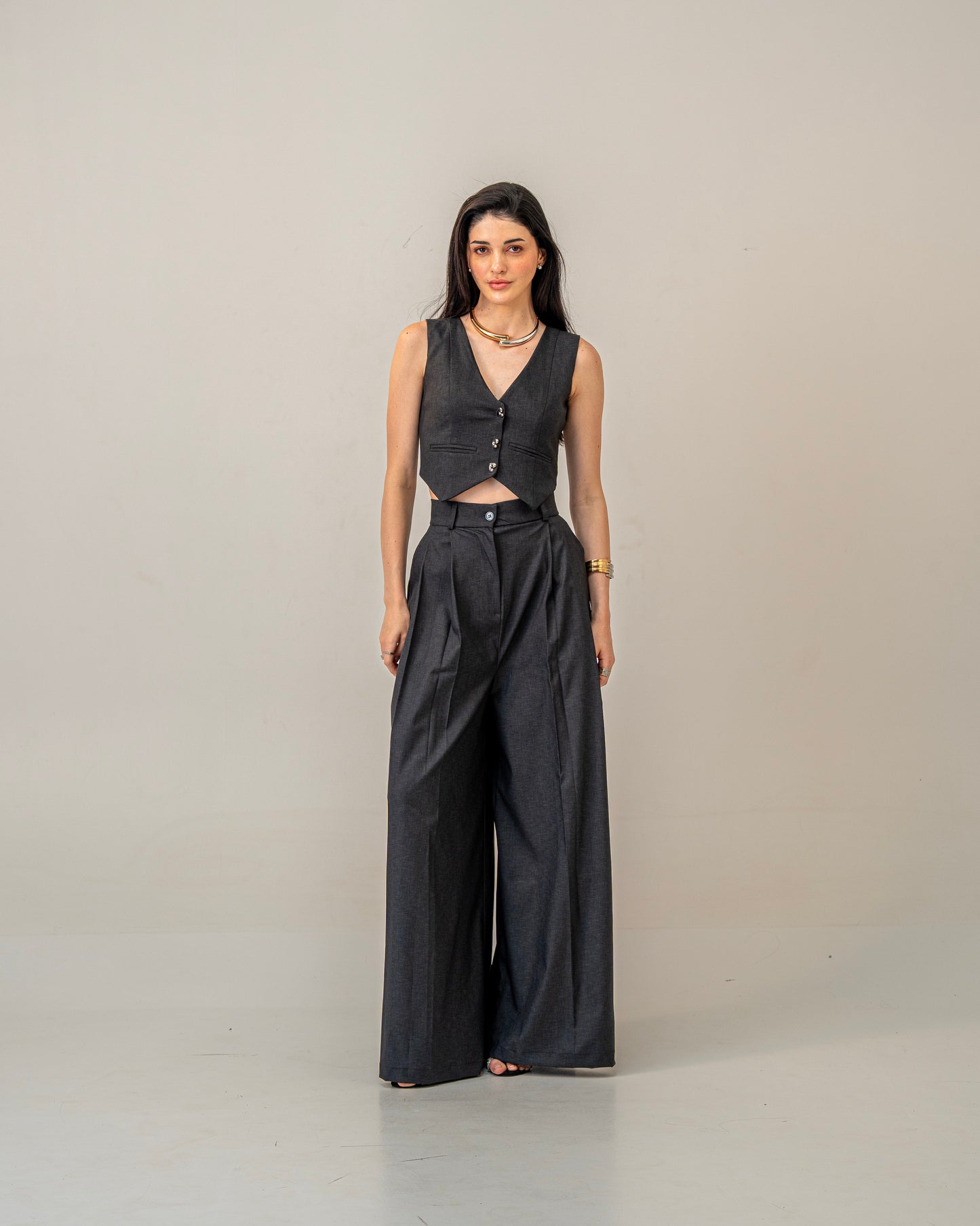 Charcoal Edit Grey Wide-Leg pleated Trousers for Women