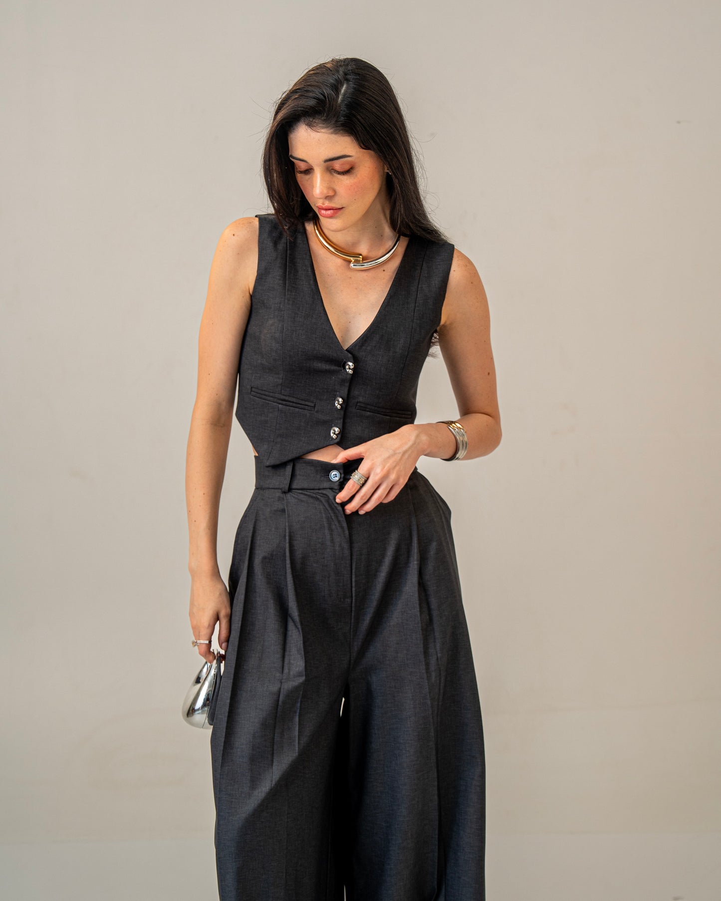 Charcoal Edit Grey Wide-Leg pleated Trousers for Women