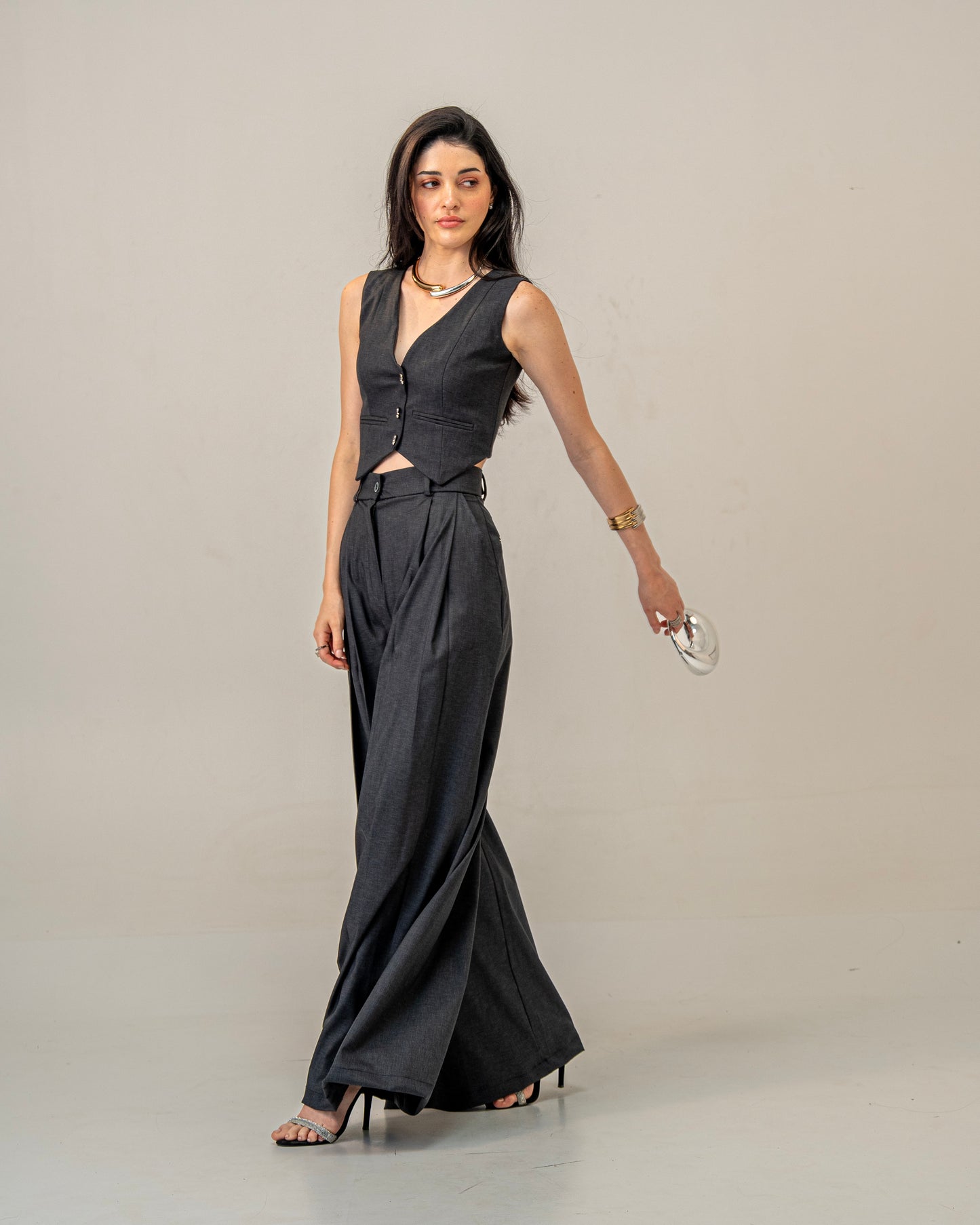 Charcoal Edit Grey Wide-Leg pleated Trousers for Women