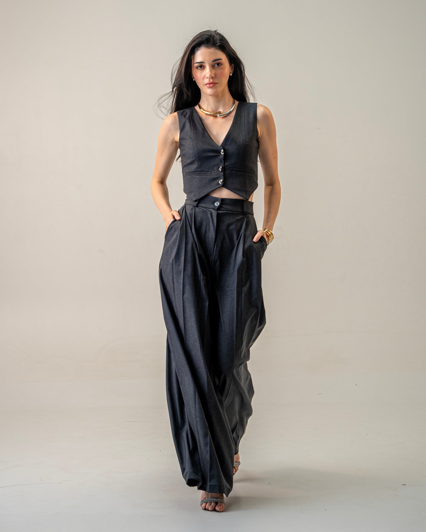 Charcoal Edit Grey Wide-Leg pleated Trousers for Women