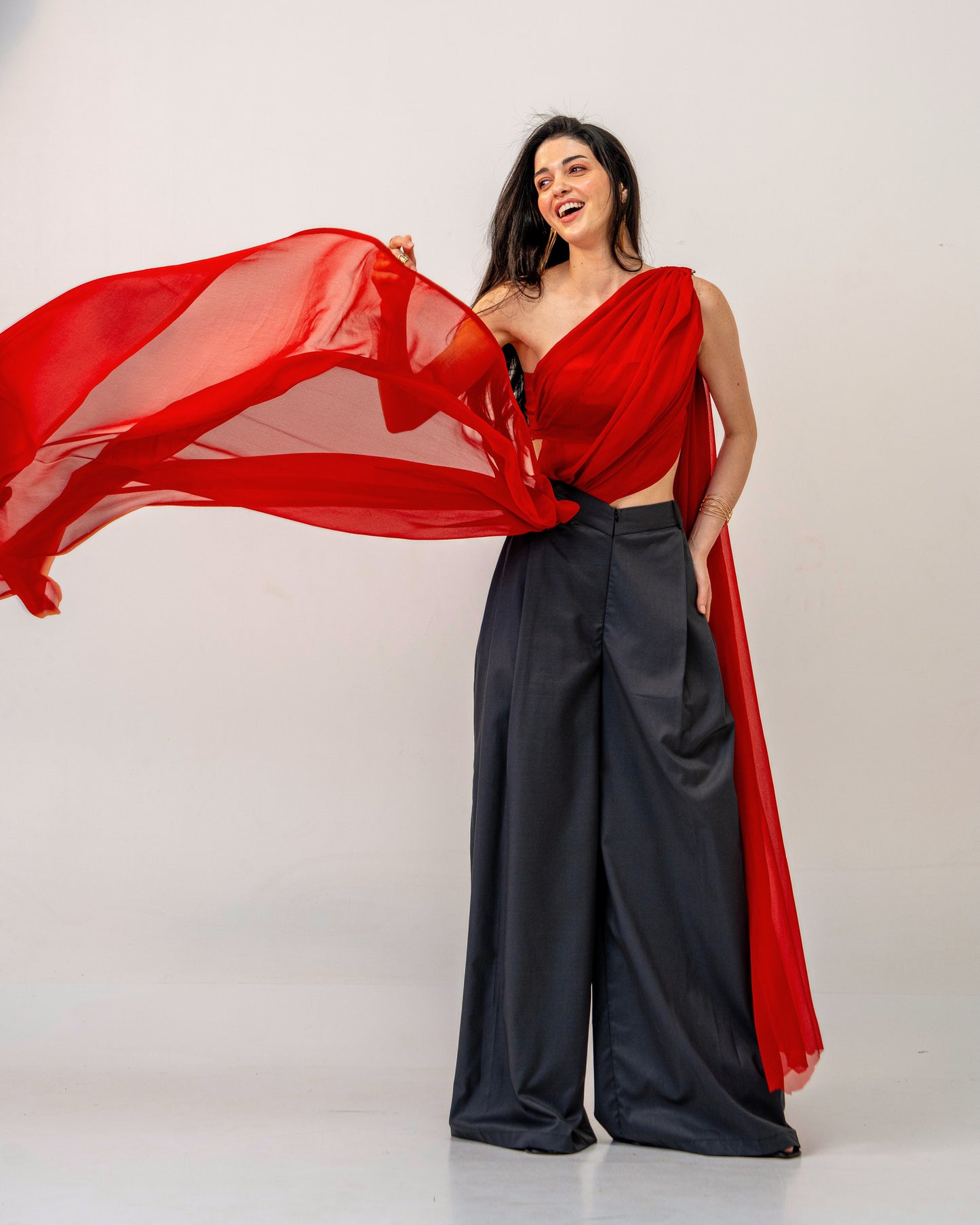 Fire & Form Top – Convertible Draped Red Chiffon Crop Top