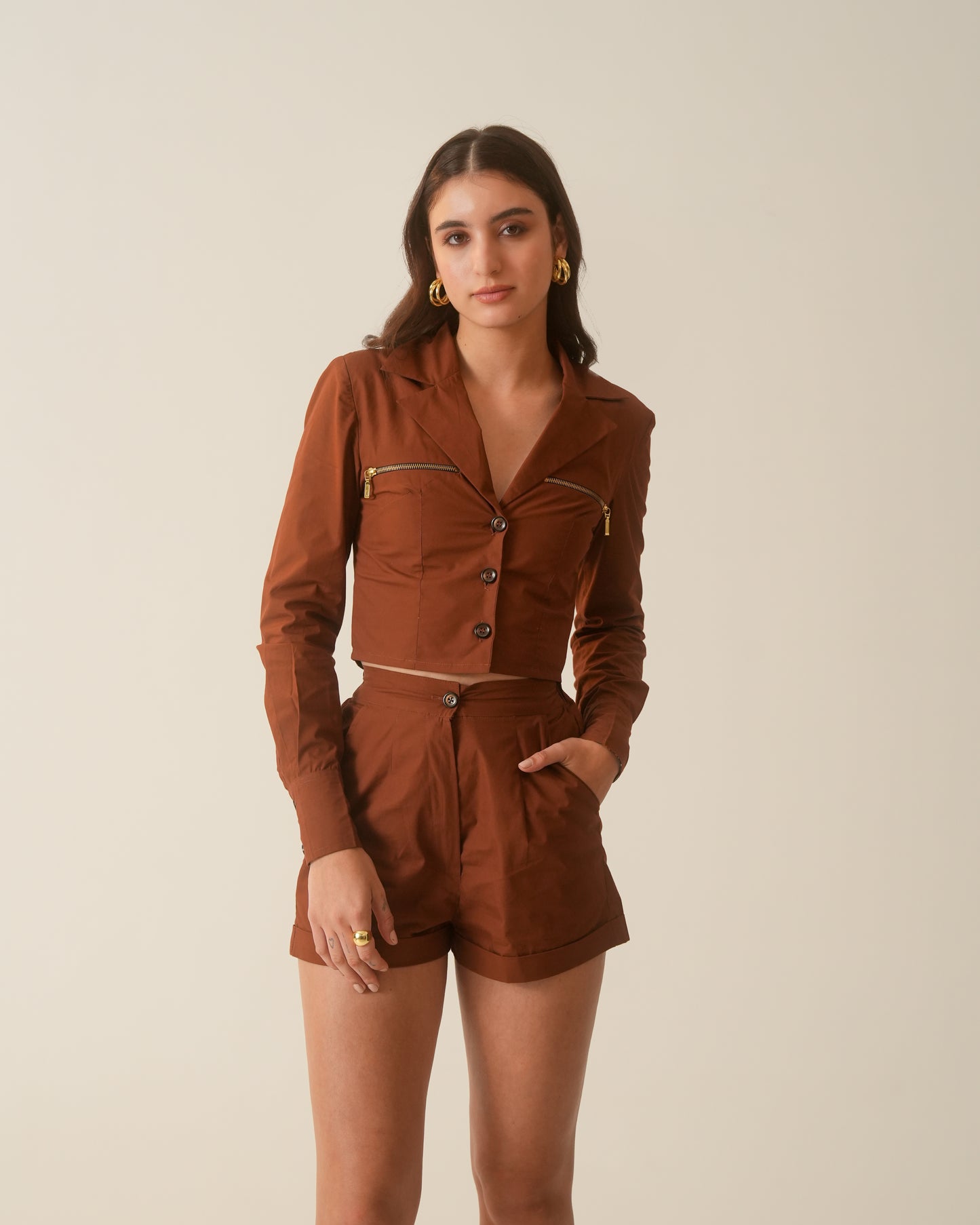 Malala Rust Brown Cropped Blazer with Gold Zips – Women’s Western Jacket