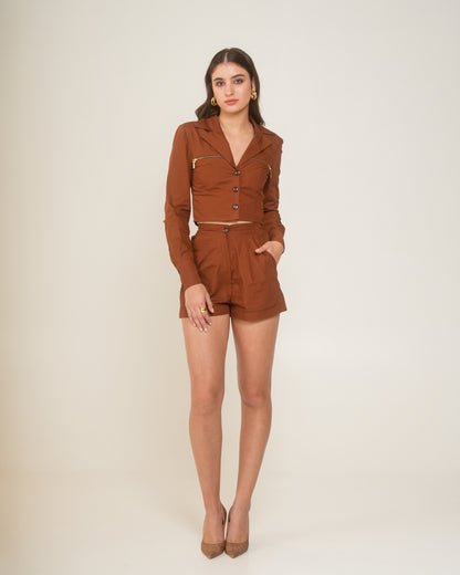 Malala Rust Brown Cropped Blazer with Gold Zips – Women’s Western Jacket